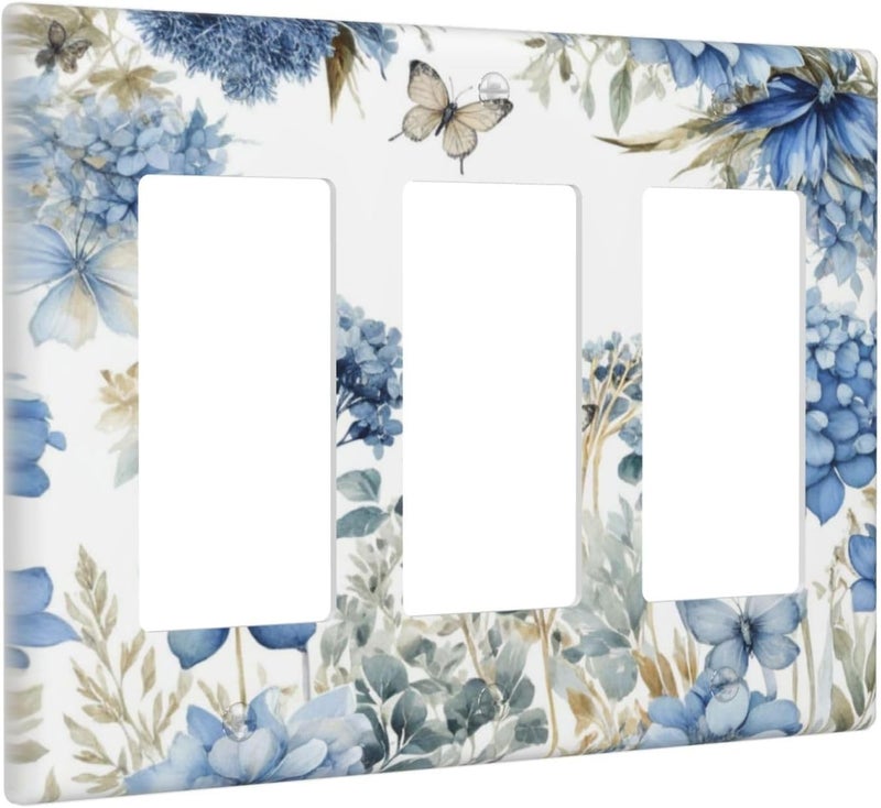 Wuyocha Decorative Outlet Covers Boho Blue Flowers Rustic Beige Butterfly Leaves 3 Gang Wall Plate Triple Rocker Switch Light Switch Plate Covers Jumbo Electrical GFCI Switch Cover Plate - Image 2